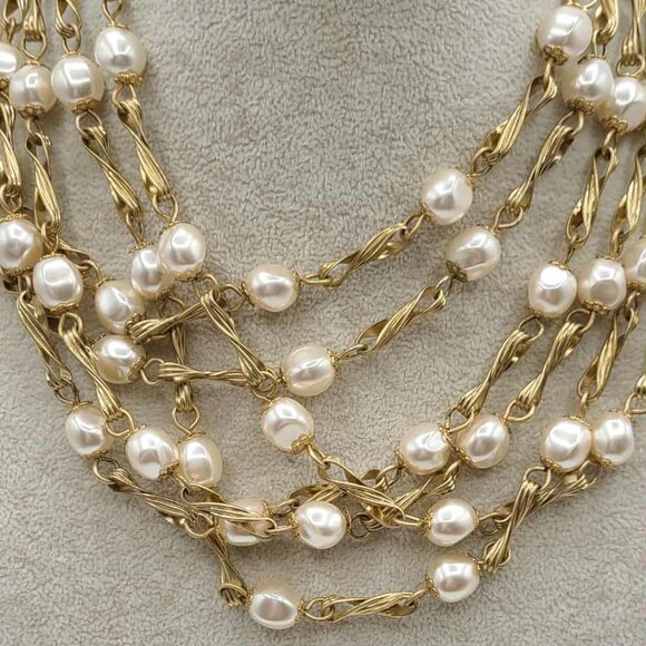 J Crew 12 Strands of Faux Pearls Gold Tone Link Necklace - Picture 4 of 13